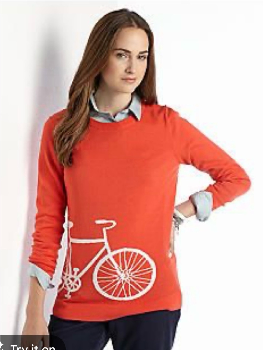 crown & ivy Coral/Orange Crewneck Sweater with White Bicycle Graphic